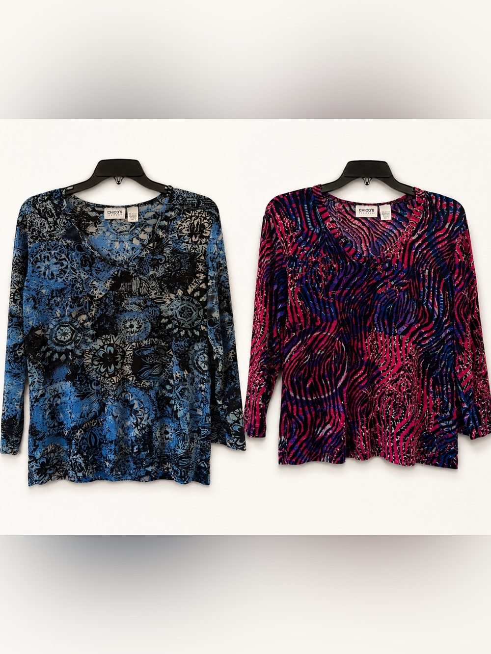 Chico's Travelers Bundle 2 Tops Size 1 Blue Abstract & Pink Purple Animal Print